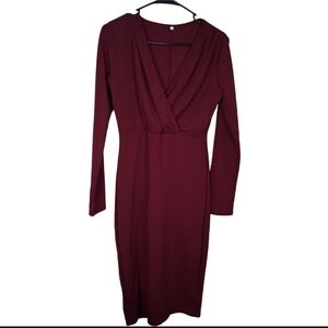 Women’s Long-Sleeve V-Neck Wrap-Style Midi Dress in Burgundy